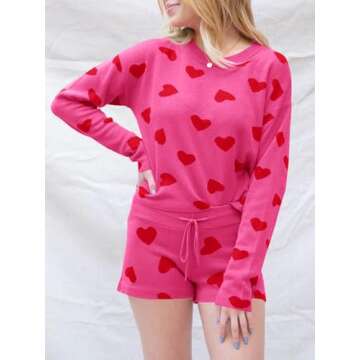 Saodimallsu Women’s Valentine's Day Pajama Set Hearts Print Lounge Sets Long Sleeve Sweater and Shorts 2 Piece Outfits Rose Red
