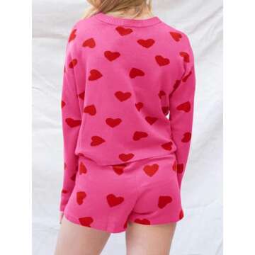 Saodimallsu Women’s Valentine's Day Pajama Set Hearts Print Lounge Sets Long Sleeve Sweater and Shorts 2 Piece Outfits Rose Red