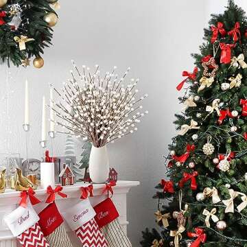 Sggvecsy 15 Pcs Artificial Berry Stems Christmas Red Berries Holly Berry Branches Fake Pearl White S...