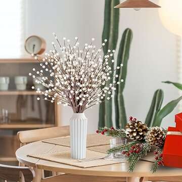 Sggvecsy 15 Pcs Artificial Berry Stems Christmas Red Berries Holly Berry Branches Fake Pearl White Spray Berry Picks for Floral Arrangements Christmas Tree Holiday Home Xmas DIY Crafts Decor (White)