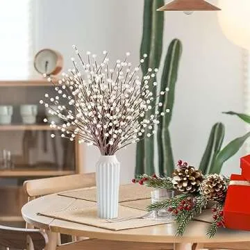 Sggvecsy 15 Pcs Artificial Berry Stems Christmas Red Berries Holly Berry Branches Fake Pearl White Spray Berry Picks for Floral Arrangements Christmas Tree Holiday Home Xmas DIY Crafts Decor (White)