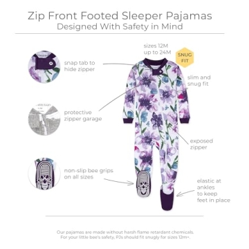 Burt's Bees Baby baby girls Pajamas, Zip Front Non-slip Footed Pjs, 100% Organic Cotton and Toddler Sleepers, Purple Watercolor Daylily, 18 Months US
