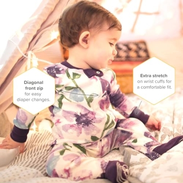Burt's Bees Baby baby girls Pajamas, Zip Front Non-slip Footed Pjs, 100% Organic Cotton and Toddler Sleepers, Purple Watercolor Daylily, 18 Months US