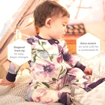 Burt's Bees Baby baby girls Pajamas, Zip Front Non-slip Footed Pjs, 100% Organic Cotton and Toddler Sleepers, Purple Watercolor Daylily, 18 Months US