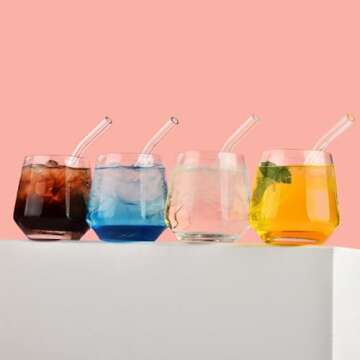 ALINK Short Bent Glass Straws, 6 in x 10 mm Reusable Clear Glass Curved Cocktail Straws for Whiskey, Coffee, Soda, Water, Pack of 8 with Brush