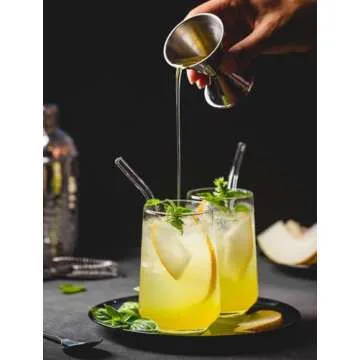 ALINK Short Bent Glass Straws, 6 in x 10 mm Reusable Clear Glass Curved Cocktail Straws for Whiskey, Coffee, Soda, Water, Pack of 8 with Brush