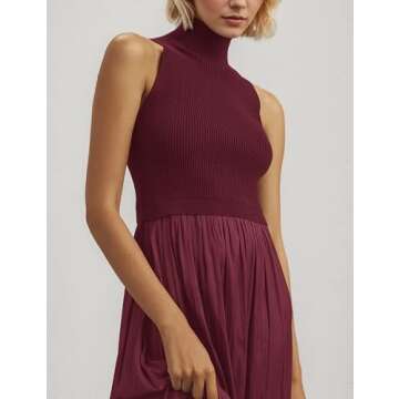 Meladyan Women’s Sleeveless Turtle Neck Maxi Dress Patchwork Casual Solid Flowy Knitted Long Dress 2024 Fall Winter Brown