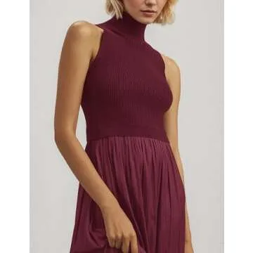 Meladyan Women’s Sleeveless Turtle Neck Maxi Dress Patchwork Casual Solid Flowy Knitted Long Dress 2024 Fall Winter Brown