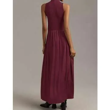 Meladyan Women’s Sleeveless Turtle Neck Maxi Dress Patchwork Casual Solid Flowy Knitted Long Dress 2024 Fall Winter Brown