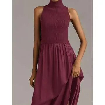 Meladyan Women’s Sleeveless Turtle Neck Maxi Dress Patchwork Casual Solid Flowy Knitted Long Dress 2024 Fall Winter Brown