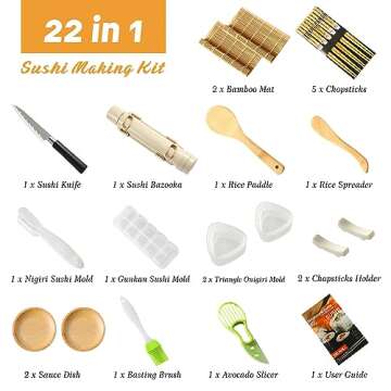 Sushi Making Kit, Delamu Upgrade 22 in 1 Sushi Maker Kit with Bamboo Mats, Chef's Knife, Triangle/Nigiri/Gunkan Sushi Mold, Chopsticks, Guide&More