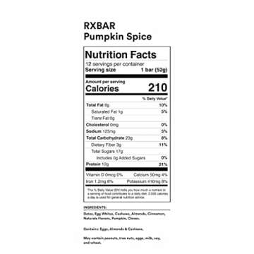 RXBAR Protein Bars, Protein Snack, Snack Bars, Pumpkin Spice, 22oz Box (12 Bars)