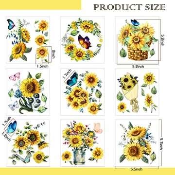 9 Sheets Sunflower Rub on Transfer for Furniture and Craft Spring Summer Vintage Flowers Butterflies...