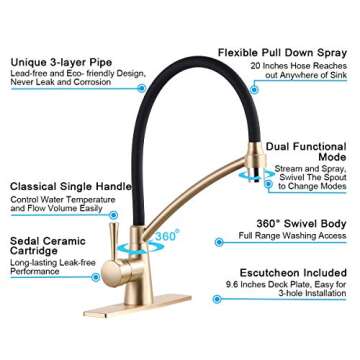 GAPPO Commercial Lead Free Pull Out Sprayer Gold Kitchen Sink Faucet, Single Handle Kitchen Faucets with Deck Plate