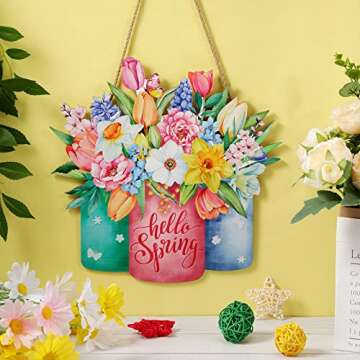 Hello Spring Door Sign Colorful Floral Spring Hanging Sign Happy Welcome Door Sign Rustic Wood Wall Hanging Decoration for Easter Party Outdoor Indoor Front Door Decor (Flower Style)