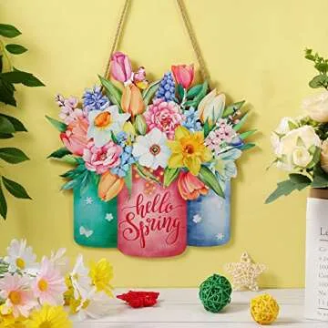 Hello Spring Door Sign Colorful Floral Spring Hanging Sign Happy Welcome Door Sign Rustic Wood Wall Hanging Decoration for Easter Party Outdoor Indoor Front Door Decor (Flower Style)