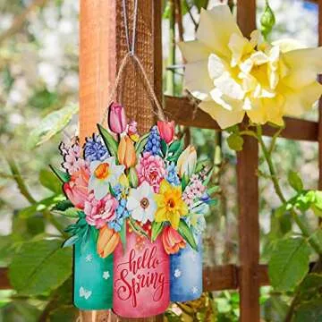Hello Spring Door Sign Colorful Floral Spring Hanging Sign Happy Welcome Door Sign Rustic Wood Wall Hanging Decoration for Easter Party Outdoor Indoor Front Door Decor (Flower Style)