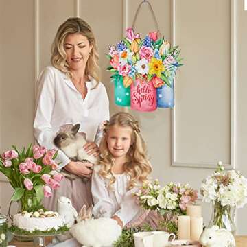 Hello Spring Door Sign Colorful Floral Spring Hanging Sign Happy Welcome Door Sign Rustic Wood Wall Hanging Decoration for Easter Party Outdoor Indoor Front Door Decor (Flower Style)