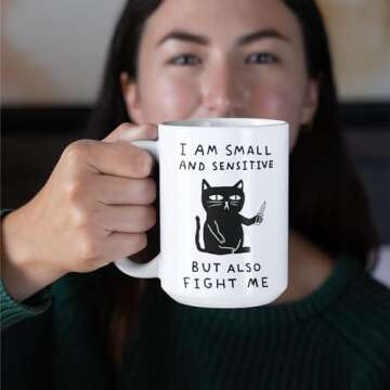 LookHUMAN Cute Cat Mug - Funny Coffee Mugs Adult Humor, Double-Sided Print Ceramic Coffee Cups, Funny Cat Coffee Mug as Hilarious Coffee Mugs & Cat March - Dishwasher Safe Novelty Coffee Mugs, 15oz