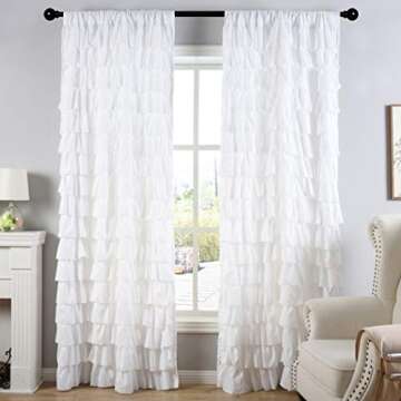 Kotile White Ruffle Curtain 95 Inch Length 1 Panel Shabby Chic Farmhouse White Ruffled Curtain for G...