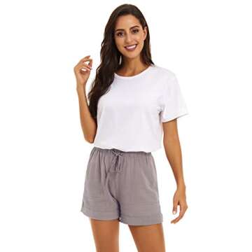 KINGFEN Summer Shorts for Women Womens Cute Cozy Beach Cotton Shorts with Elastic Waist for Summer Drawstring Casual Lounge Linen Comfy Pull On Short with Pockets Grey Small