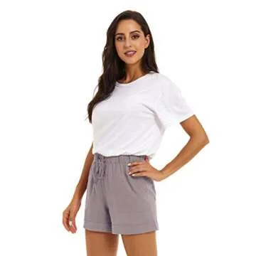 KINGFEN Summer Shorts for Women Womens Cute Cozy Beach Cotton Shorts with Elastic Waist for Summer Drawstring Casual Lounge Linen Comfy Pull On Short with Pockets Grey Small