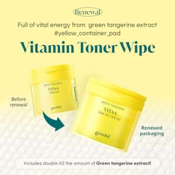 GOODAL Green Tangerine Vitamin C Toner Pads with ‘5-in-1’ Effect, Exfoliates, Tones, Moisturizes, and Detoxifies Sensitive Skin (70 Pads) (Ver.2)