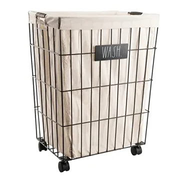 Rae Dunn Heavy Duty Laundry Hamper on Wheels - Galvanized Metal with Liner - Stylish & Portable