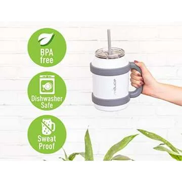 REDUCE Cold1 50 oz Reusable Mug Tumbler with Handle - Insulated Stainless Steel Water Bottle for Home, Office and Gym; Straw or Sip Leakproof Lid When Closed. Keeps Drinks Ice Cold All Day - Mild Mint