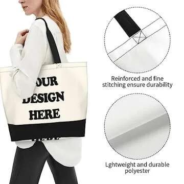 Abybela Custom Tote Bags with Team Logo Text Picture for Women Personalized Shopping Handbag Add Your Design Customized Reusable Shoulder Travel Beach Bag Handmade Totes for Business Work