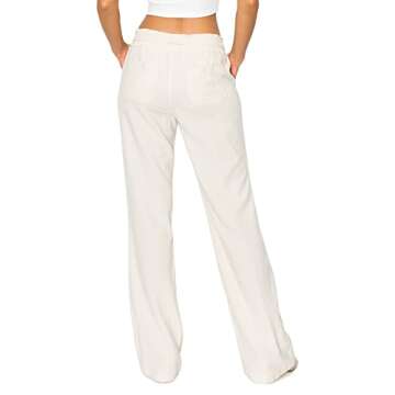 Cali1850 Women's Casual Linen Pants 32" Inseam Oceanside Drawstring Smocked Waist Lounge Beach Pants with Pockets Oatmeal Large