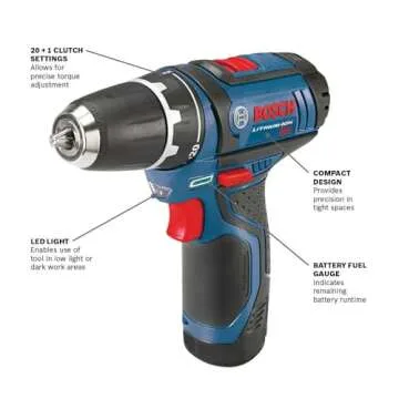 BOSCH PS31-2A 12V Max 3/8 Inch Drill/Driver Kit - Lightweight, Compact Power, and Variable Speed