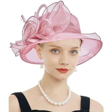RZTA Women's Kentucky Derby Church Dress Hat Wide Brim Leaf Flower Bridal Shower Hat F2 Pink Purple