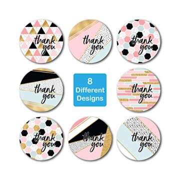 1.5" Geometric Modern Thank You Stickers / 8 Thank You Designs with Faux Glitter / 500 Thanks Stickers/Made in The USA
