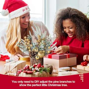 Hatisan Small Tabletop Christmas Tree with Ornaments, Pine Cones, Berries - Gold Round