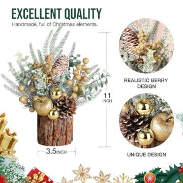 Hatisan Small Tabletop Christmas Tree with Ornaments, Pine Cones, Berries - Gold Round