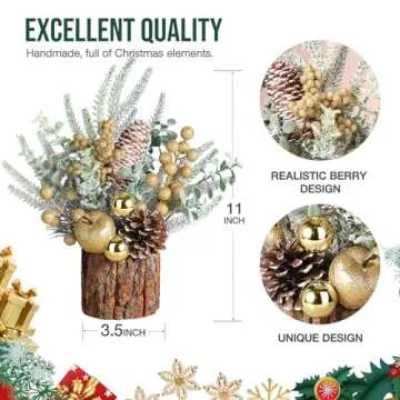Hatisan Small Tabletop Christmas Tree with Ornaments, Pine Cones, Berries - Gold Round