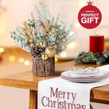 Hatisan Small Tabletop Christmas Tree with Ornaments, Pine Cones, Berries - Gold Round