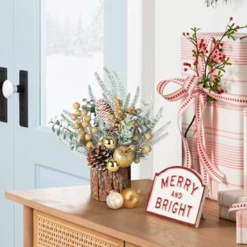 Hatisan Small Tabletop Christmas Tree with Ornaments, Pine Cones, Berries - Gold Round