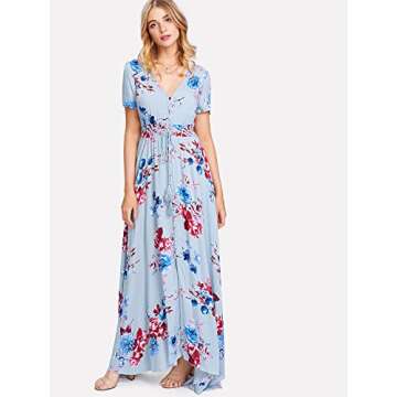 Milumia Women's Button Up Split Floral Print Flowy Party Maxi Dress Blue Small