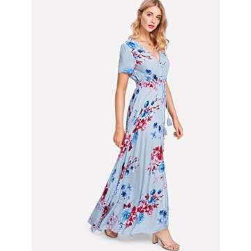 Milumia Women's Button Up Split Floral Print Flowy Party Maxi Dress Blue Small