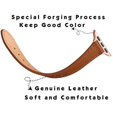 STIROLL Slim Leather Bands Compatible with Apple Watch Band 38mm 40mm 41mm 42mm(Series 10), Top Grain Leather Watch Thin Wristband for iWatch SE Series 10/9/8/7/6/5/4/3/2/1(Brown with Rose Gold)