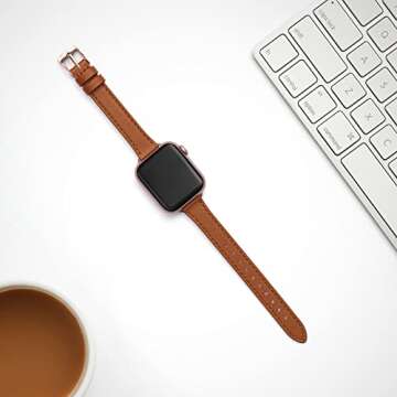 STIROLL Slim Leather Bands Compatible with Apple Watch Band 38mm 40mm 41mm 42mm(Series 10), Top Grain Leather Watch Thin Wristband for iWatch SE Series 10/9/8/7/6/5/4/3/2/1(Brown with Rose Gold)