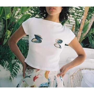 Women's Short Sleeve Y2K White Baby Tees E-Girls Cute Graphic Print Crop Tops Slim Fit T Shirts Retr...