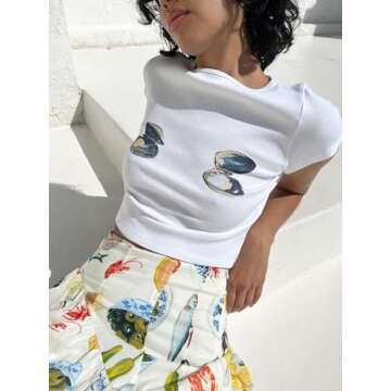 Women's Short Sleeve Y2K White Baby Tees E-Girls Cute Graphic Print Crop Tops Slim Fit T Shirts Retro Vintage Aesthetic 90s Fashion Clothes