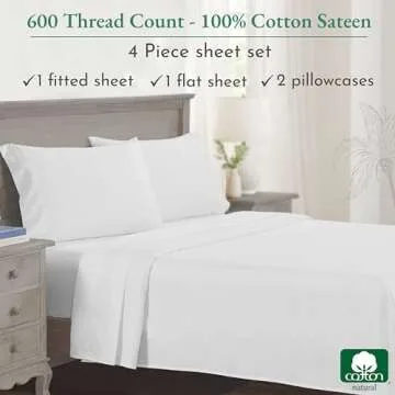 California Design Den Full Size Bed Sheets Set - Luxury 600 Thread Count 100% Cotton Sateen, Cooling Sheets, Deep Pockets with All Around Elastic for a, Hotel Quality Bedding Set - White