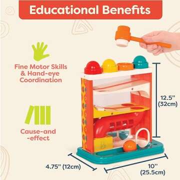 B. toys- Whacky Ball- Pounding Toy – 4 Colorful Balls & Hammer – Pound & Play – Developmental & Educational Toy for Toddlers, Kids – 12 Months +
