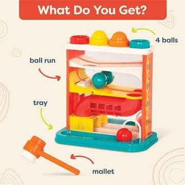 B. toys- Whacky Ball- Pounding Toy – 4 Colorful Balls & Hammer – Pound & Play – Developmental & Educational Toy for Toddlers, Kids – 12 Months +