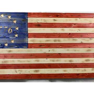 Flags Forever Betsy Ross Handmade Wooden American 1776 Flag with 13 Carved Stars, Home Decor Patriotic Wooden Flag, Door Hanging Decorations Wall Art, Indoor & Outdoor Rustic American Flag