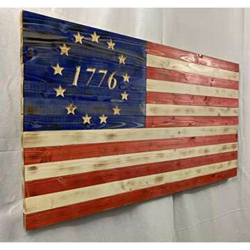 Flags Forever Betsy Ross Handmade Wooden American 1776 Flag with 13 Carved Stars, Home Decor Patriotic Wooden Flag, Door Hanging Decorations Wall Art, Indoor & Outdoor Rustic American Flag